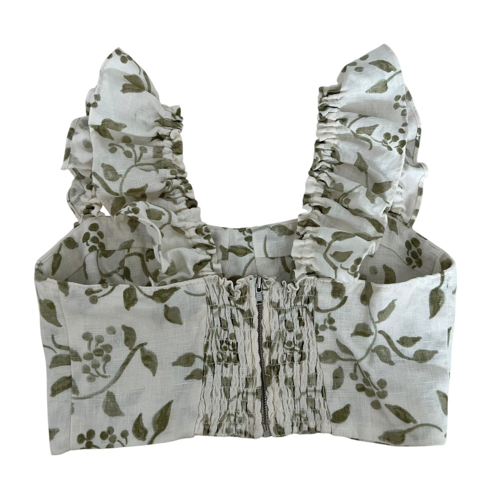 Reformation Junie 100% Linen Crop Top in Cypress Green Floral Print SZ 2 Boho - Picture 3 of 7